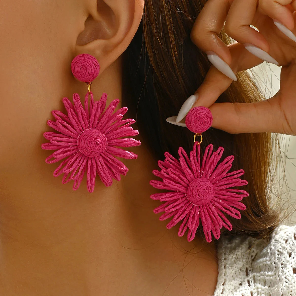 Pink Daisy Flower Dangling Earrings