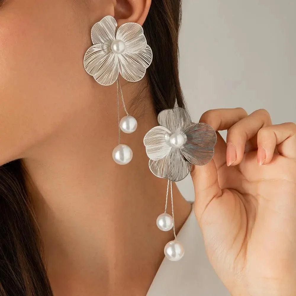 Silver Flower and Pearl Dangle Earrings