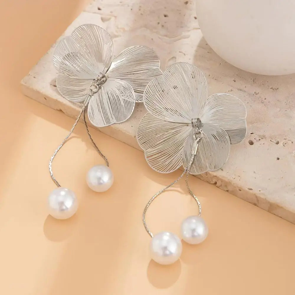 Silver Flower and Pearl Dangle Earrings