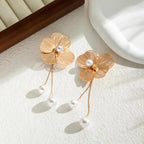 Gold Flower and Pearl Dangle Earrings