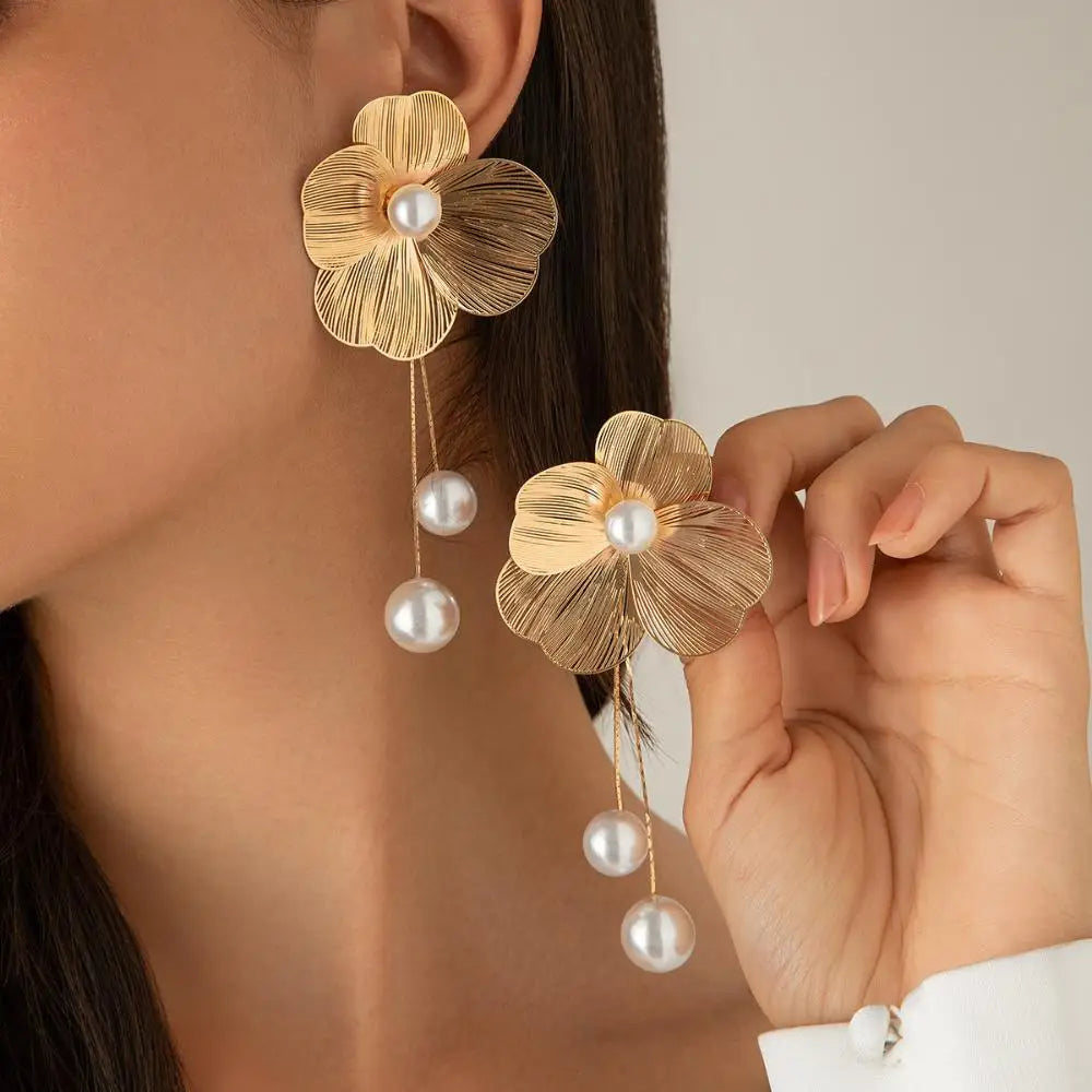 Gold Flower and Pearl Dangle Earrings