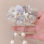 Silver Flower and Pearl Dangle Earrings