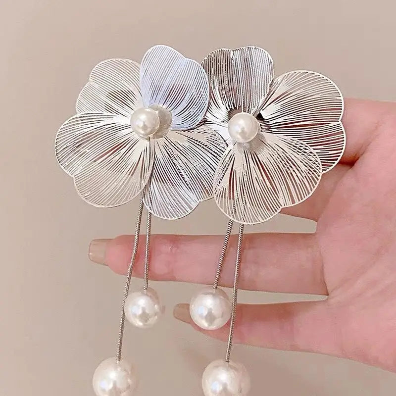 Silver Flower and Pearl Dangle Earrings