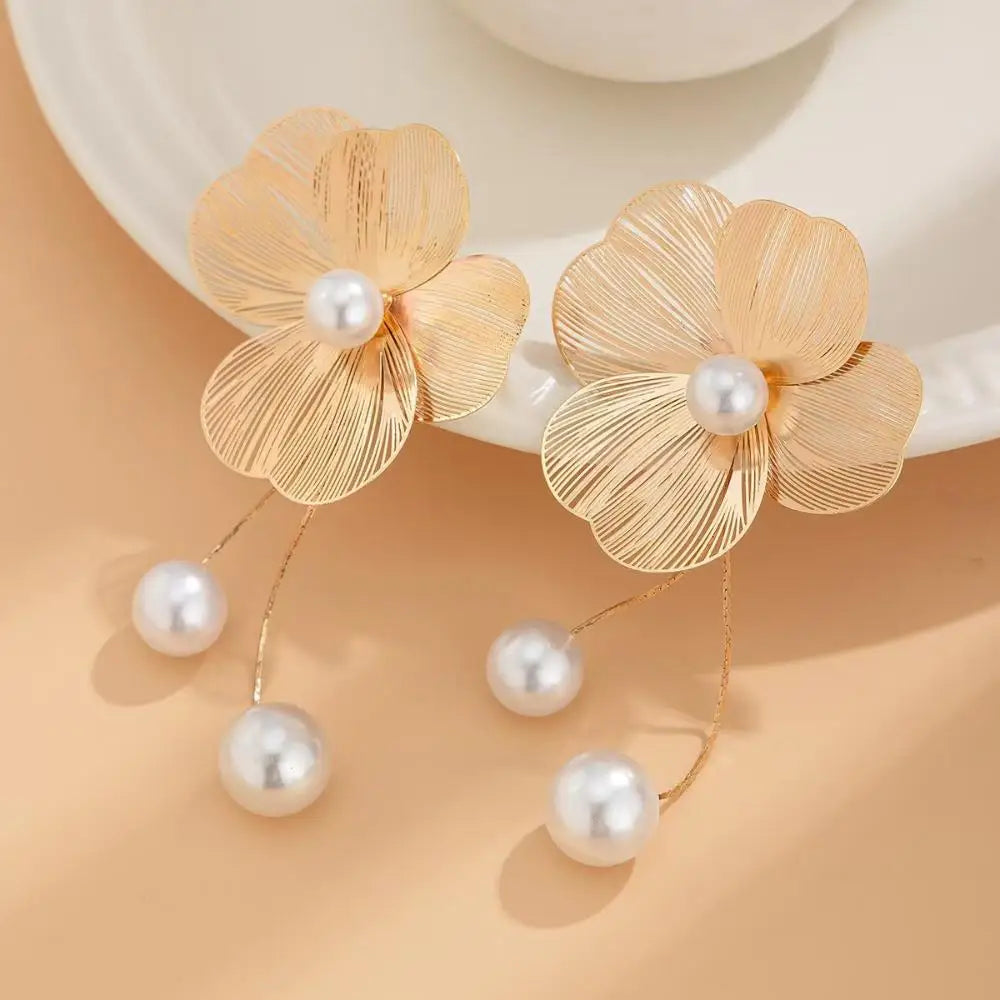 Gold Flower and Pearl Dangle Earrings