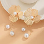 Gold Flower and Pearl Dangle Earrings