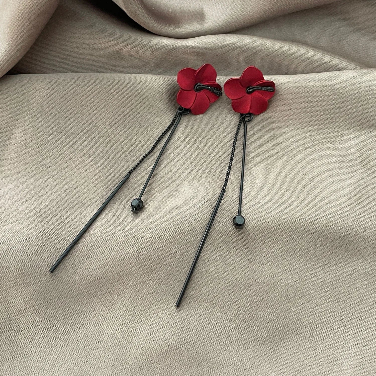 Red Flower Dangle Earrings and Red Chain