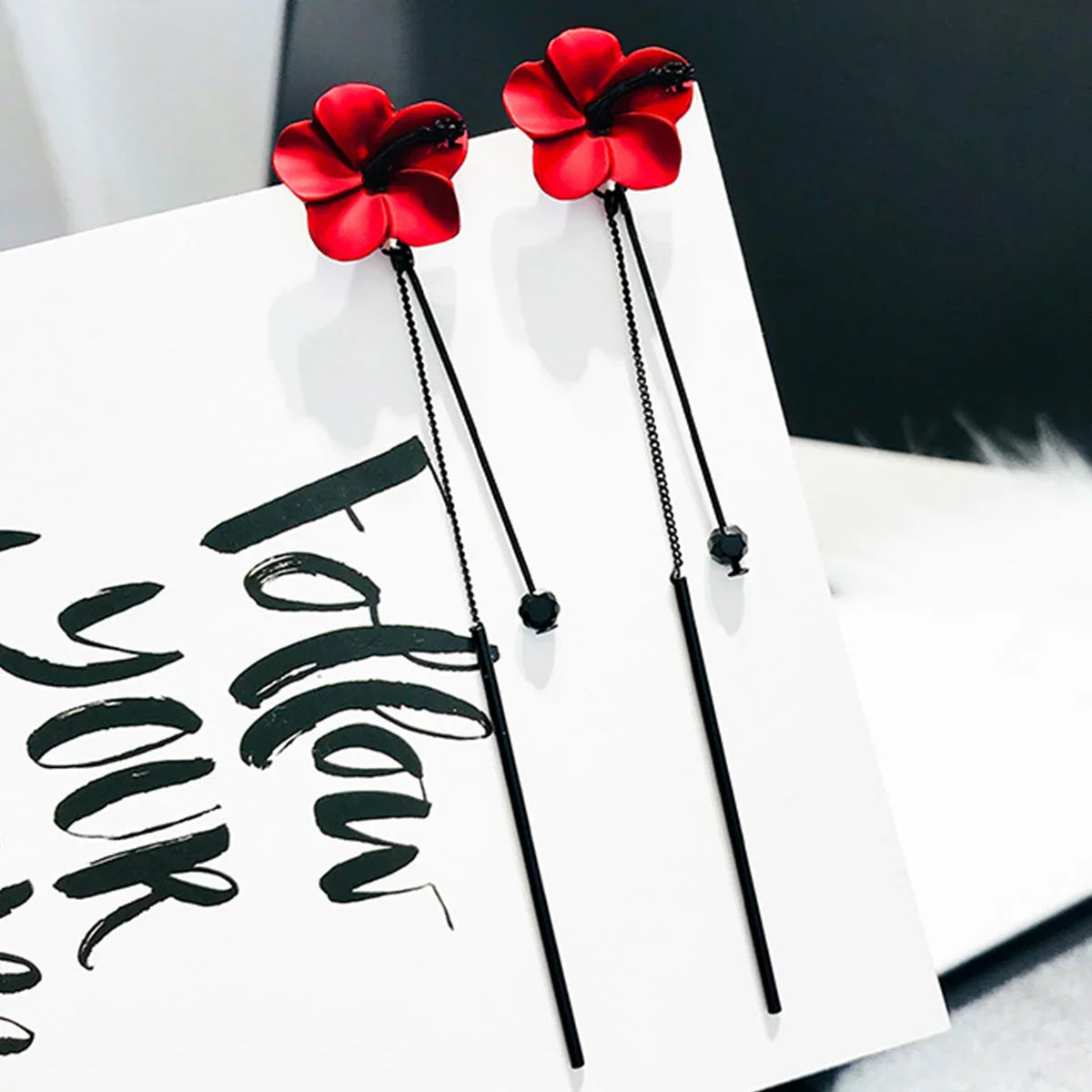 Red Flower Dangle Earrings and Red Chain