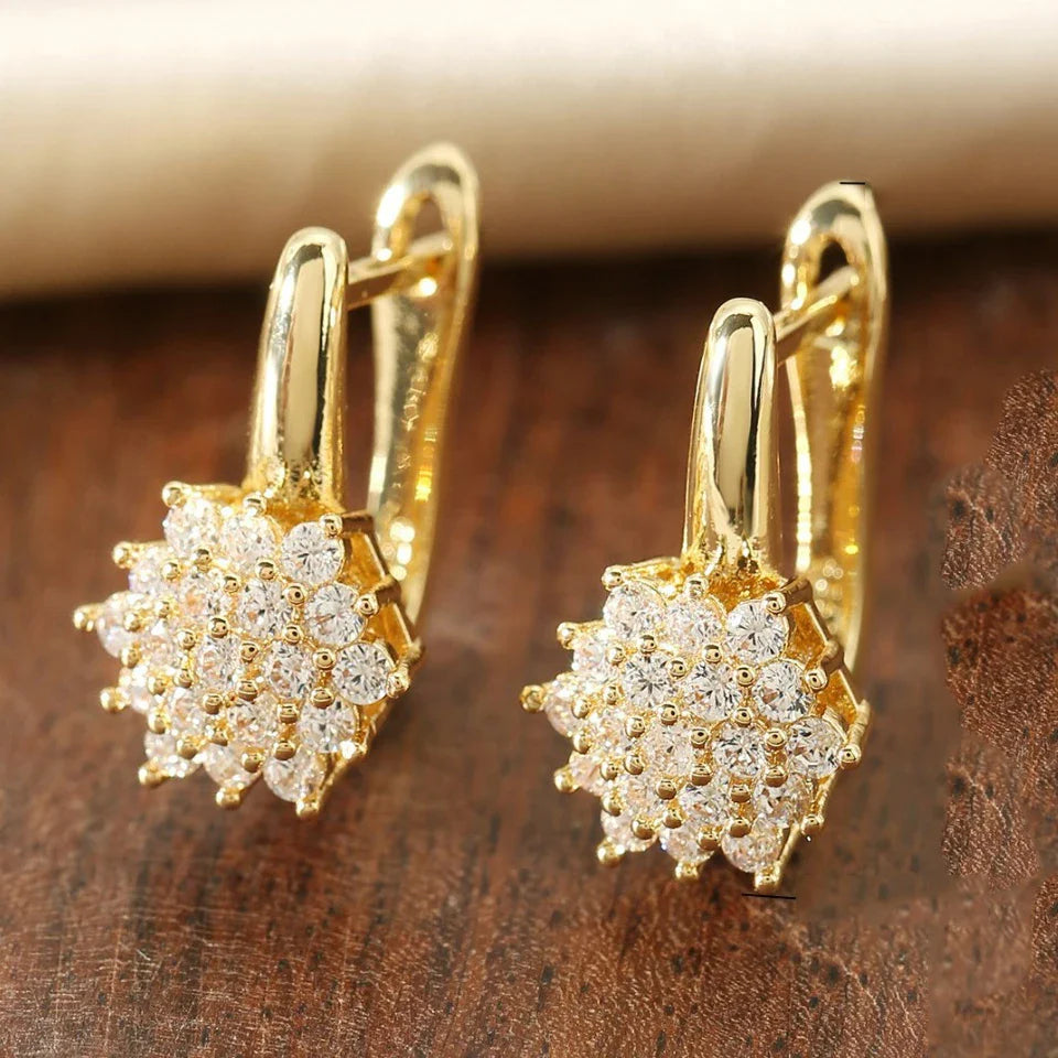 Dangling Flower Zircon Gold Earrings