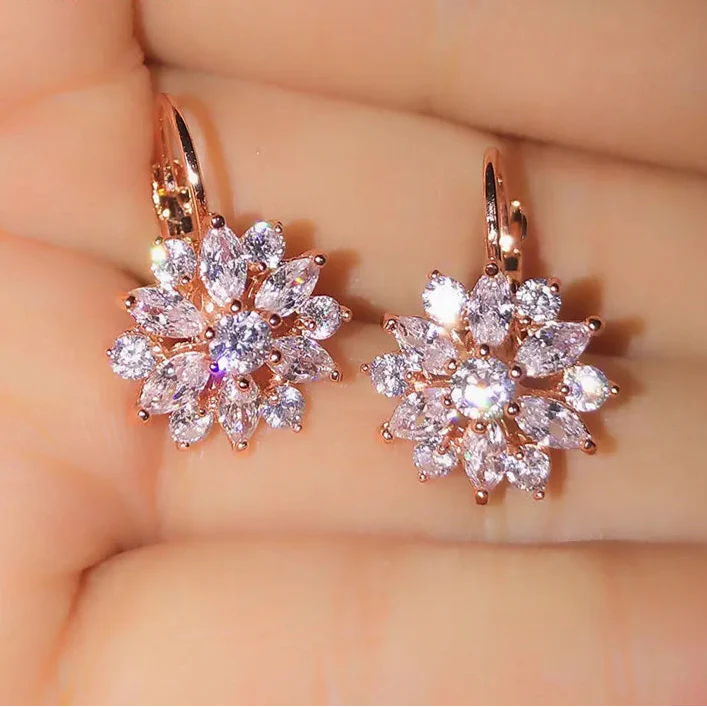 Dangling Flower Zircon Rose Gold Earrings
