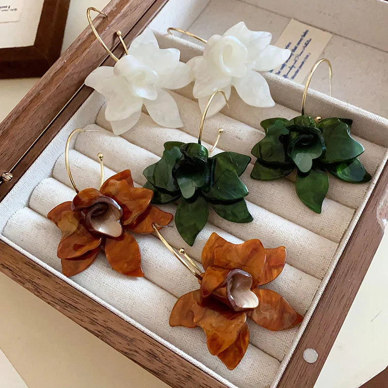 Large Brown Flower Hanging Hoop Earrings