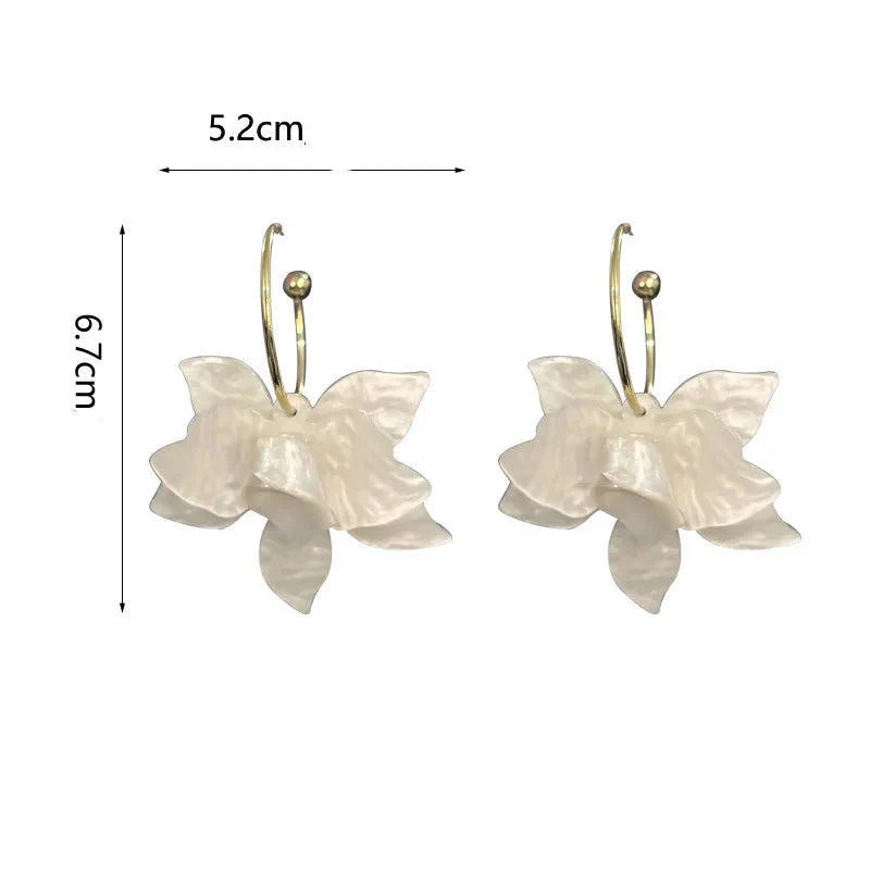 Large White Flower Hanging Hoop Earrings