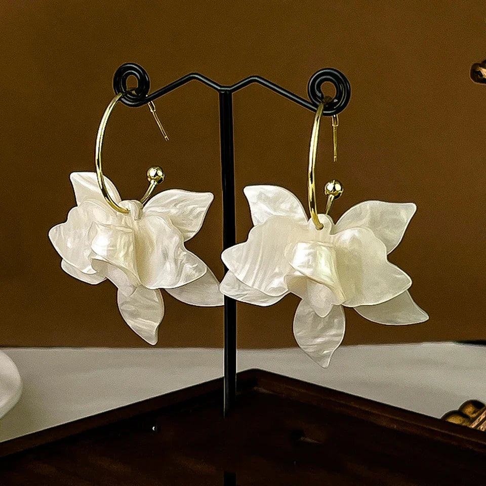 Large White Flower Hanging Hoop Earrings