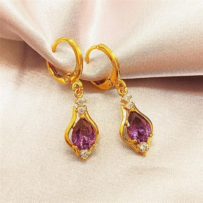 Dangling Water Drop Earrings with Purple Zircon