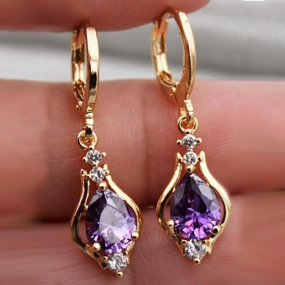 Dangling Water Drop Earrings with Purple Zircon
