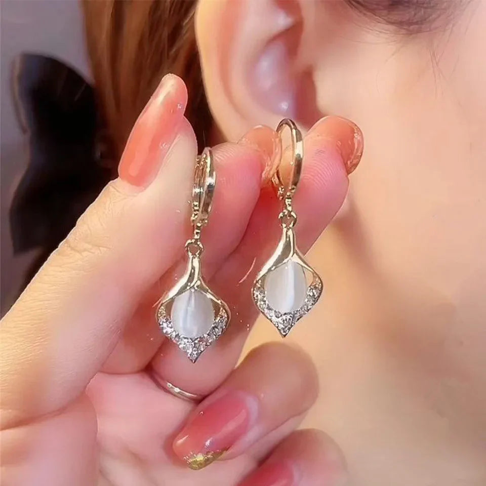 Dangling Water Drop Earrings with White Zircon