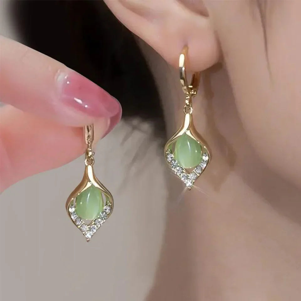 Dangling Water Drop Earrings with Green Zircon