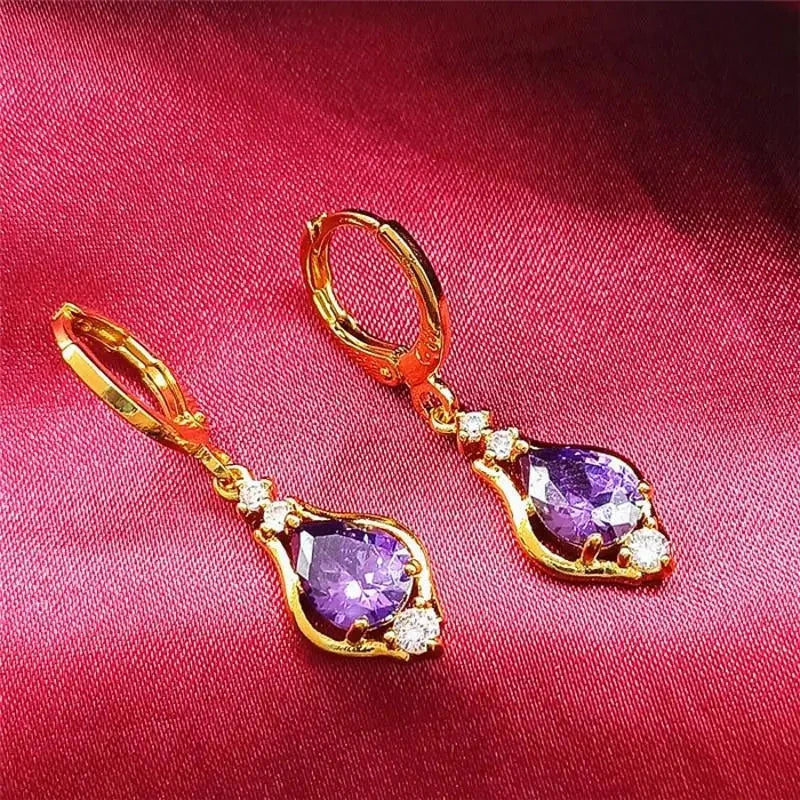 Dangling Water Drop Earrings with Purple Zircon