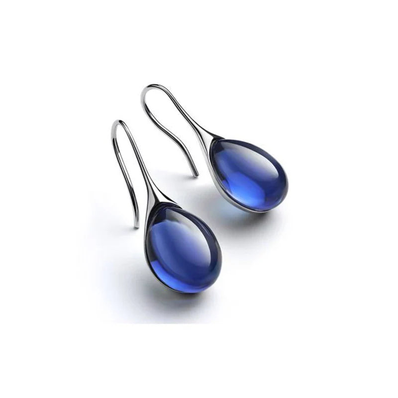 Silver and Midnight Blue Colored Water Drop Dangle Earrings