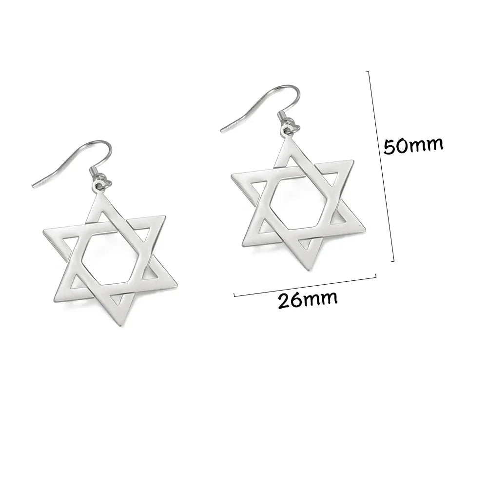 Boucles d'oreilles pendantes hexagonales avec le symbole juif de l'étoile de David argent