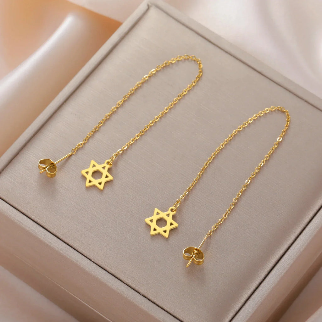 Boucles d'oreilles pendantes longues avec l'étoile de David symbole juif or