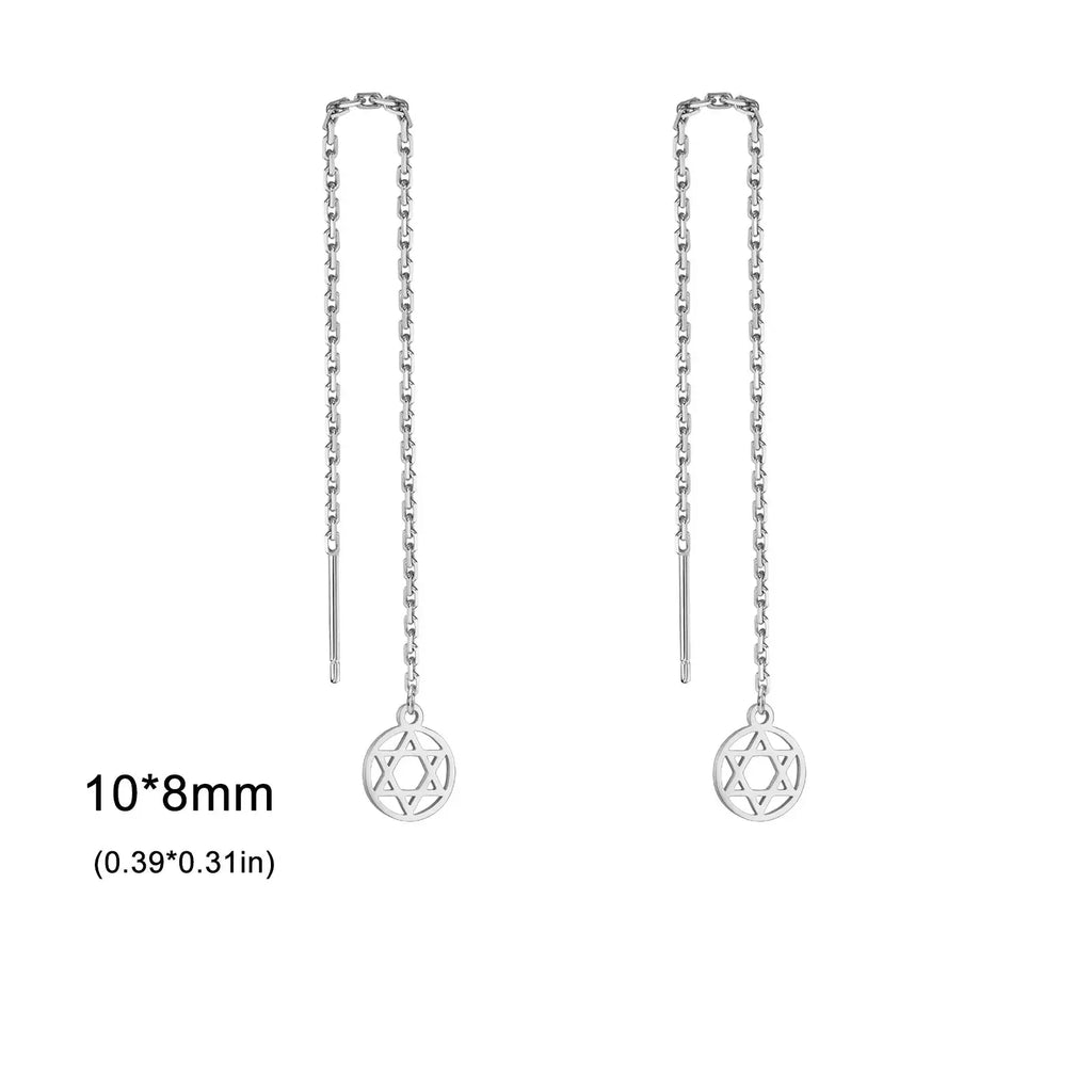 Boucles d'oreilles pendantes longues avec l'étoile de David symbole juif rond argent