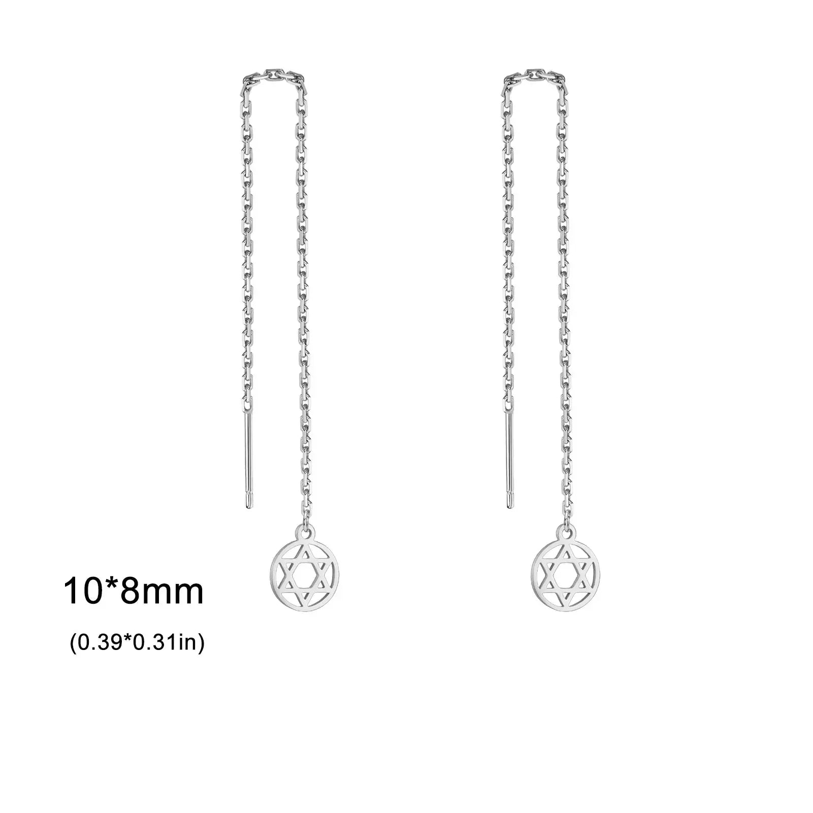 Boucles d'oreilles pendantes longues avec l'étoile de David symbole juif rond argent