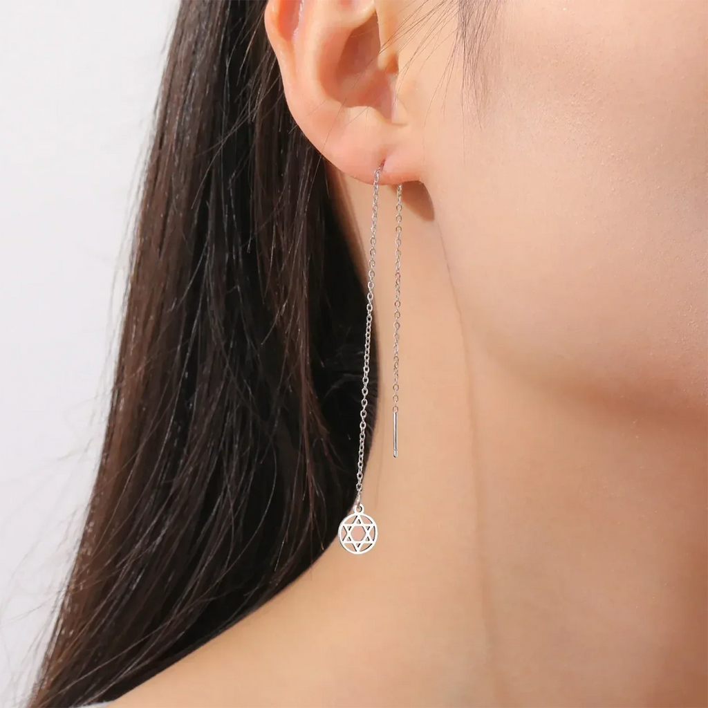 Boucles d'oreilles pendantes longues avec l'étoile de David symbole juif rond argent