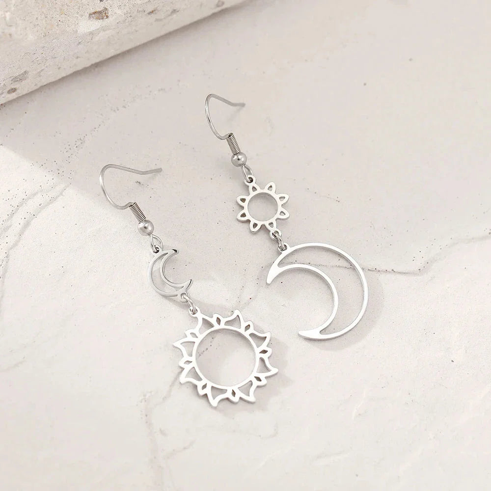 Moon and Sun Dangling Earrings silver