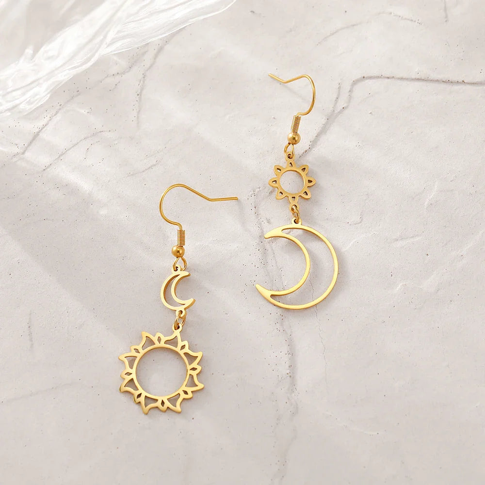 Moon and Sun Dangling Earrings gold