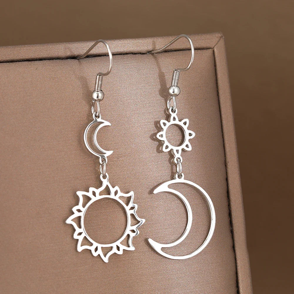 Moon and Sun Dangling Earrings silver