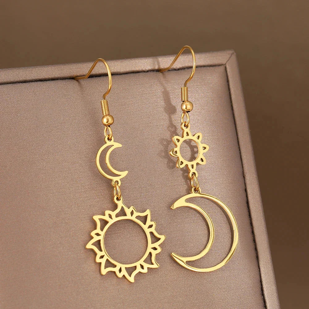 Moon and Sun Dangling Earrings gold