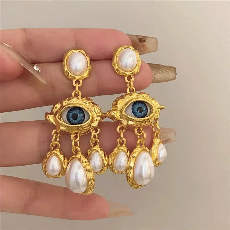 Blue Eye and Gold Beads Dangling Earrings