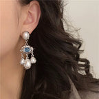 Blue Eye and Silver Beads Dangling Earrings