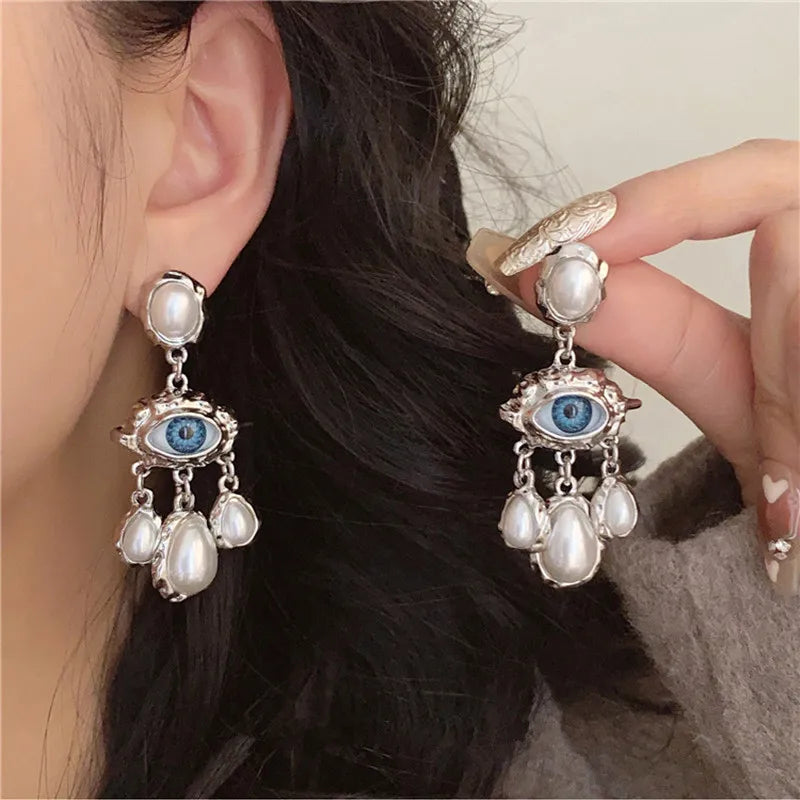 Blue Eye and Silver Beads Dangling Earrings