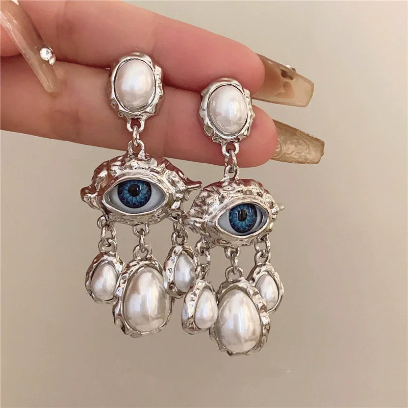 Blue Eye and Silver Beads Dangling Earrings