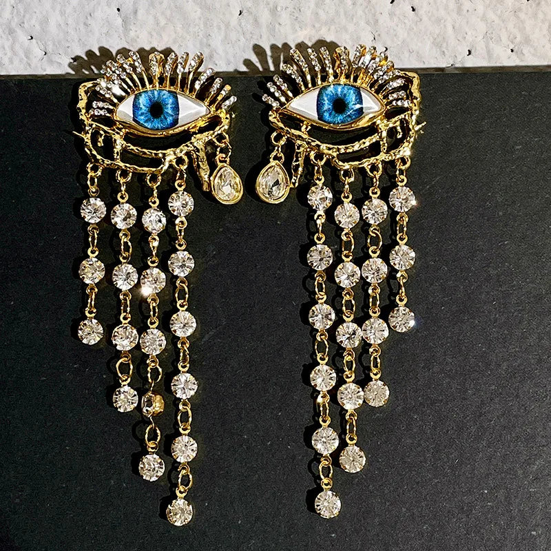Dangling Earrings Blue Eye and Rhinestones