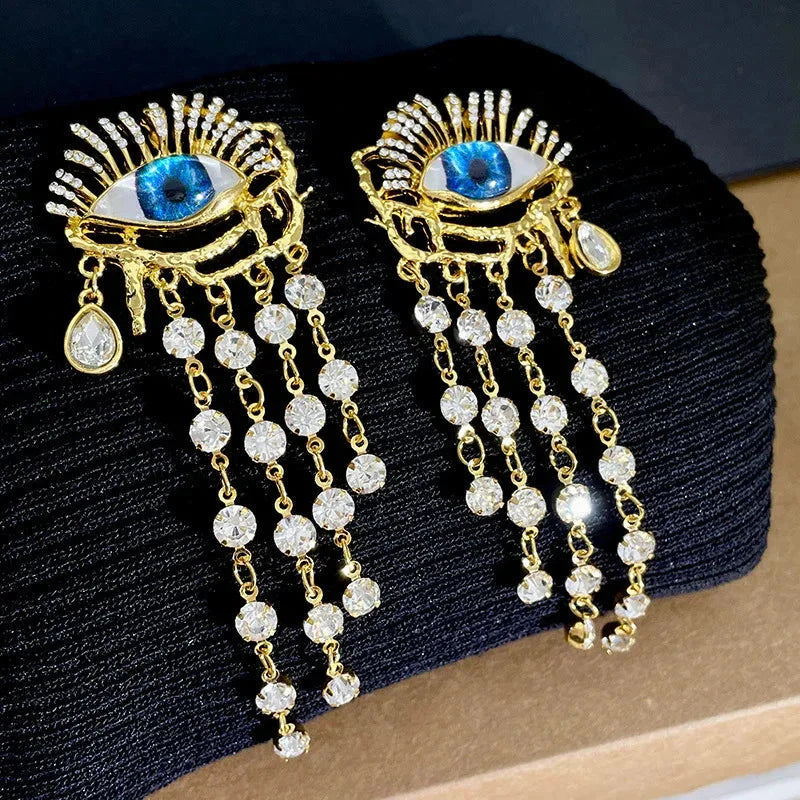 Dangling Earrings Blue Eye and Rhinestones