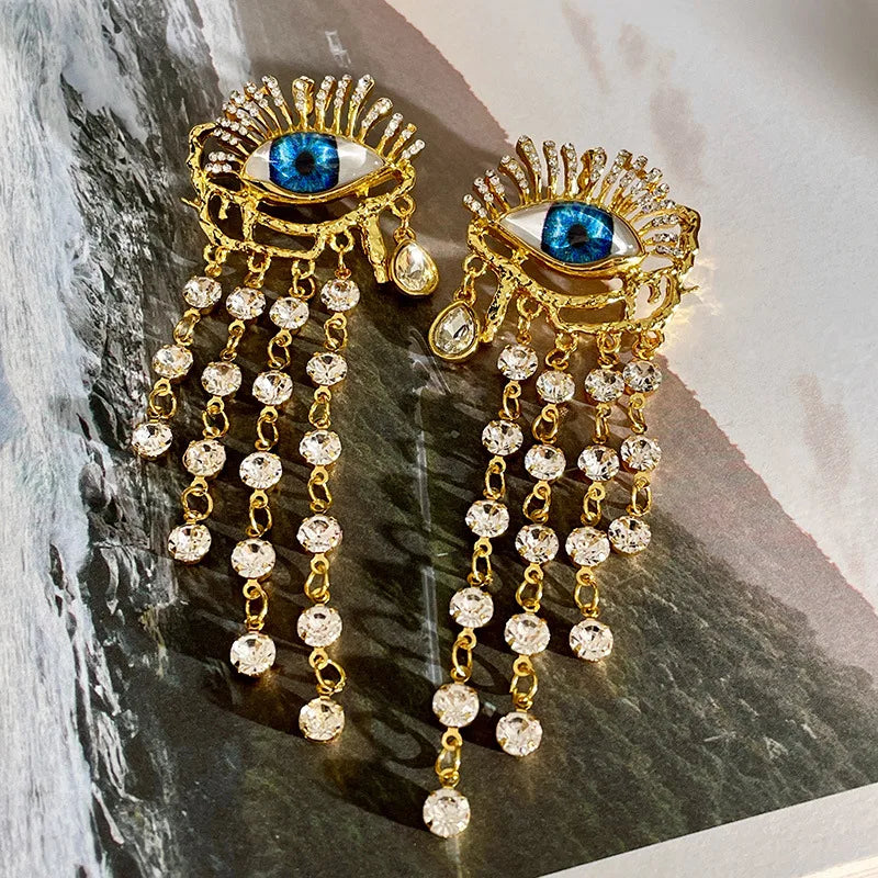 Dangling Earrings Blue Eye and Rhinestones