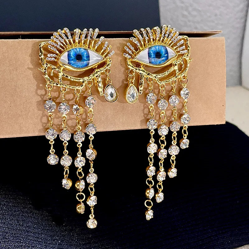 Dangling Earrings Blue Eye and Rhinestones