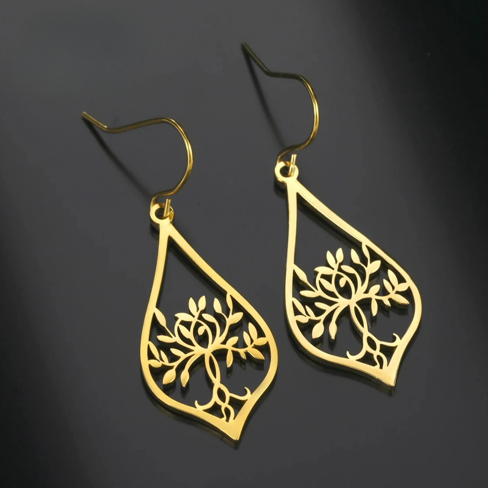 Boucles d'Oreilles Pendantes Ovales Arbre de Vie or