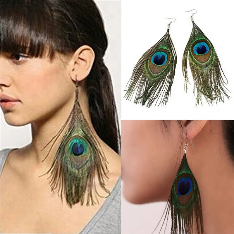 Dangling Earrings Peacock Feathers