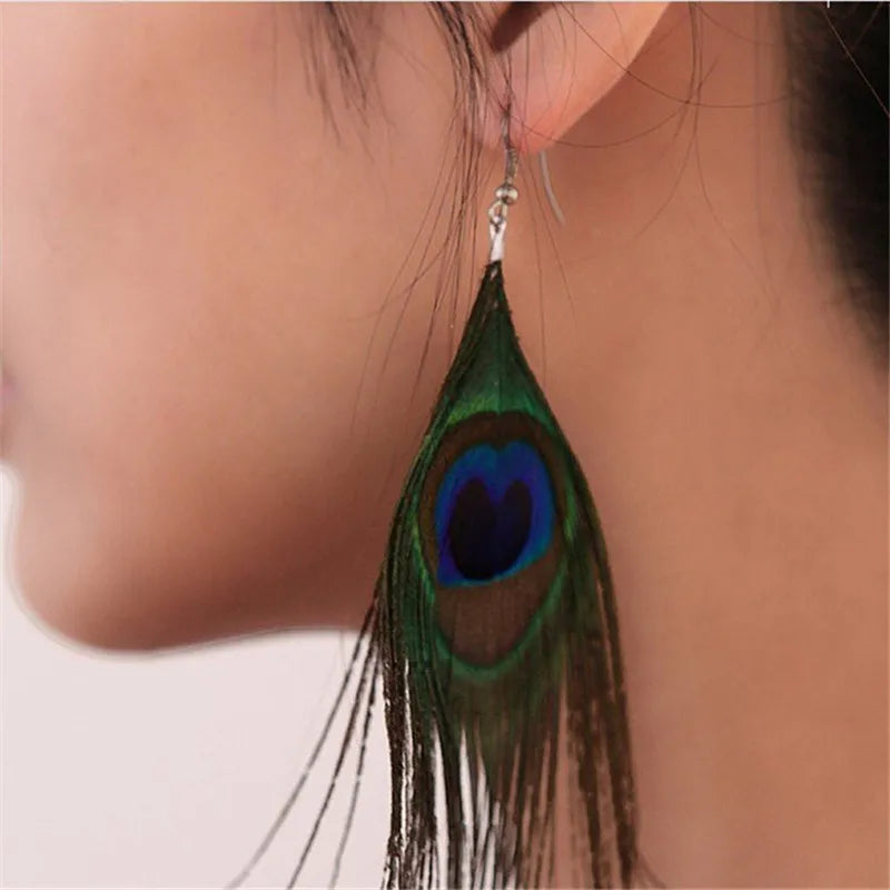 Dangling Earrings Peacock Feathers