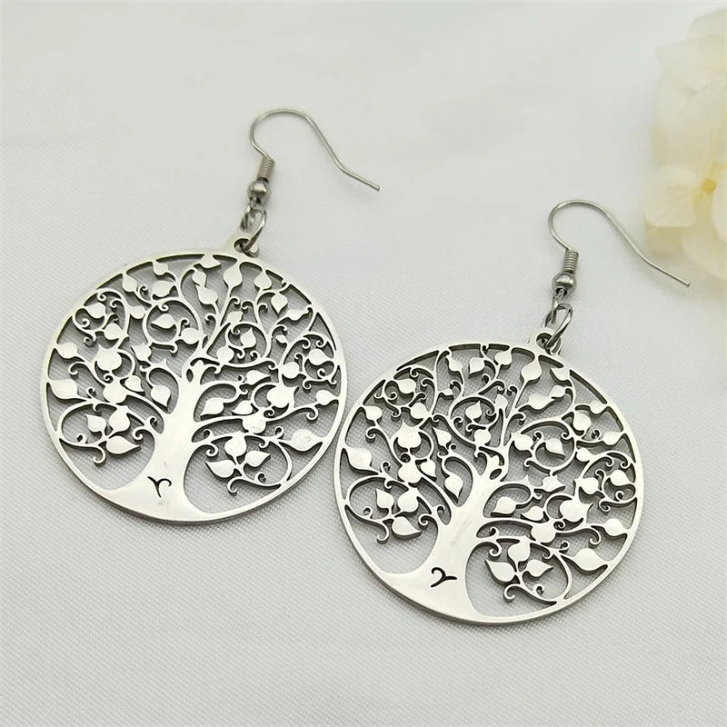 Round Hanging Earrings Tree of Life silver