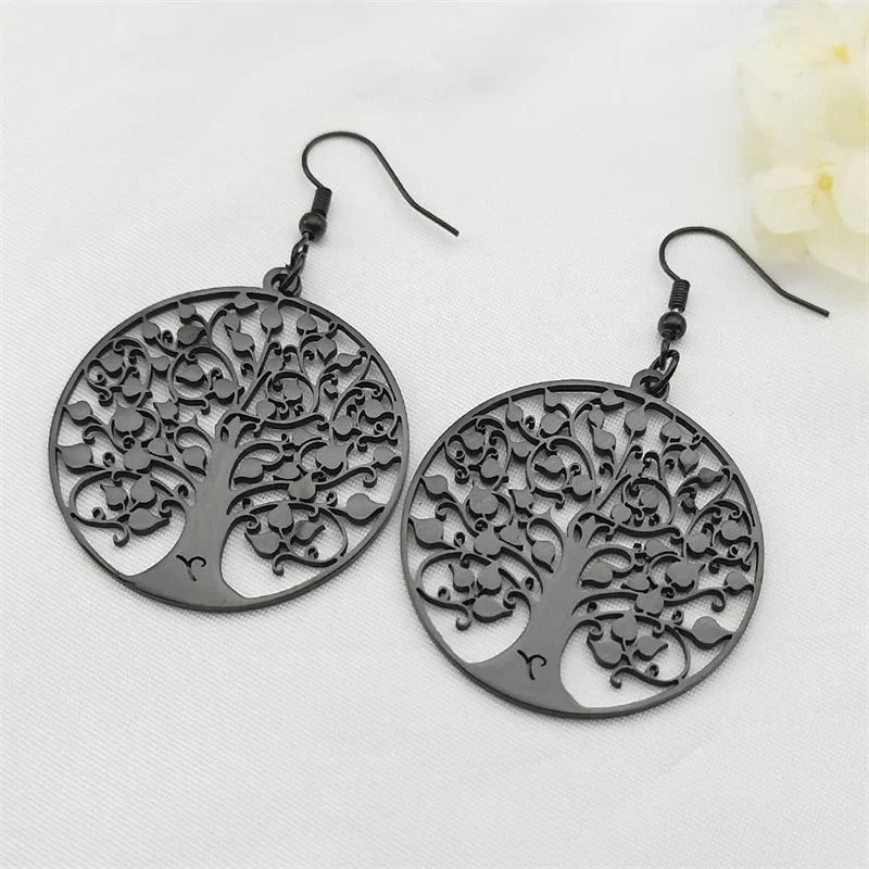 Round Hanging Earrings Tree of Life black