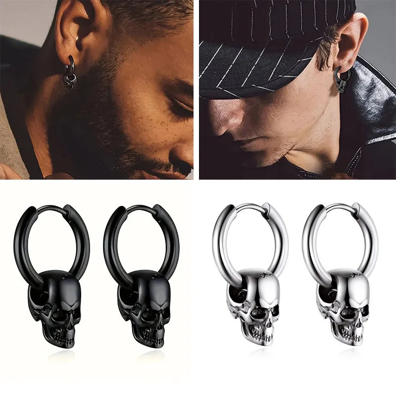 Men's Silver Skull Pendant Earrings