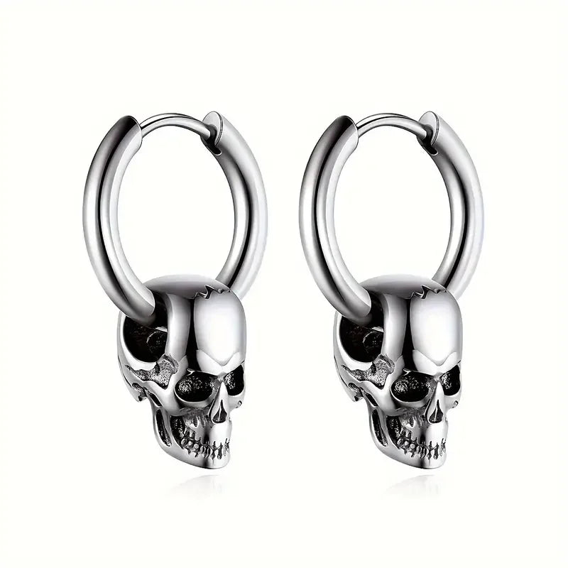 Men's Silver Skull Pendant Earrings