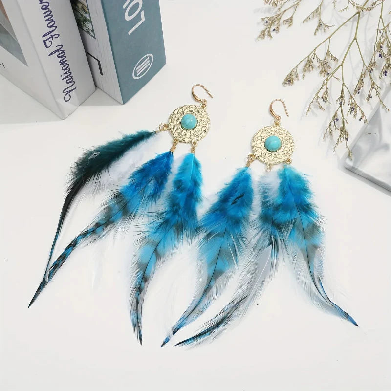 Boucles d'Oreilles Plumes Bleues