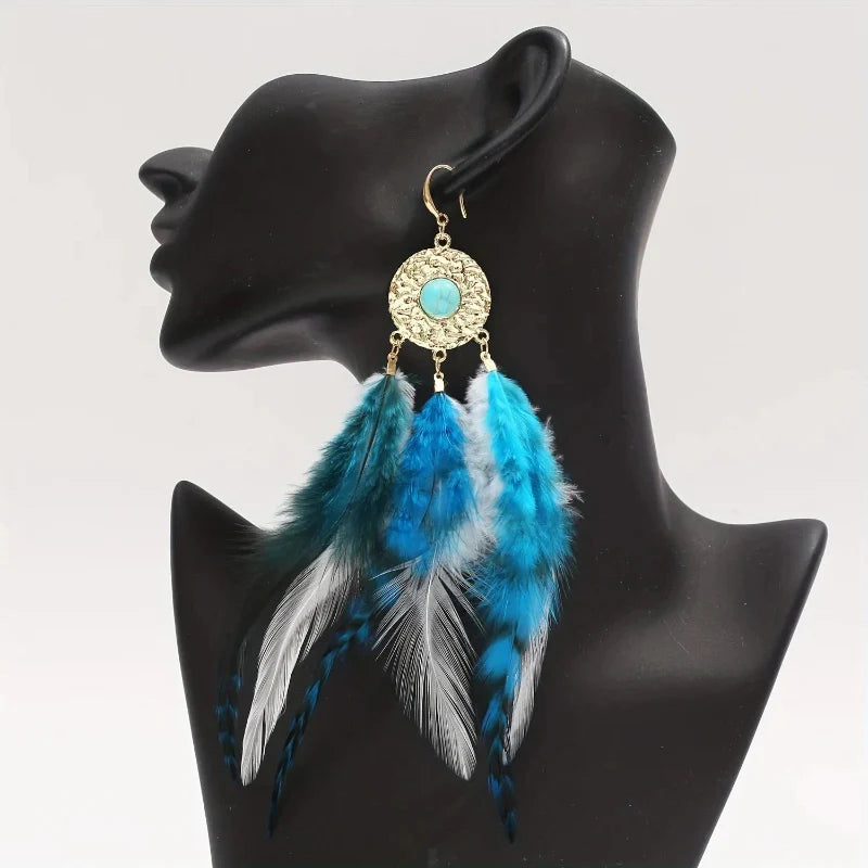 Boucles d'Oreilles Plumes Bleues