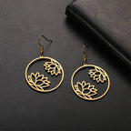 Round Hanging Lotus Flower Gold Earrings