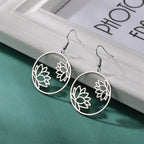 Round Hanging Lotus Flower Silver Earrings